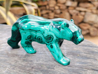 Hand Made Flower Banded Malachite Lion and Cat Carving x 2 From Congo
