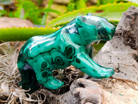 Hand Made Flower Banded Malachite Lion and Cat Carving x 2 From Congo