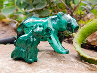Hand Made Flower Banded Malachite Lion and Cat Carving x 2 From Congo