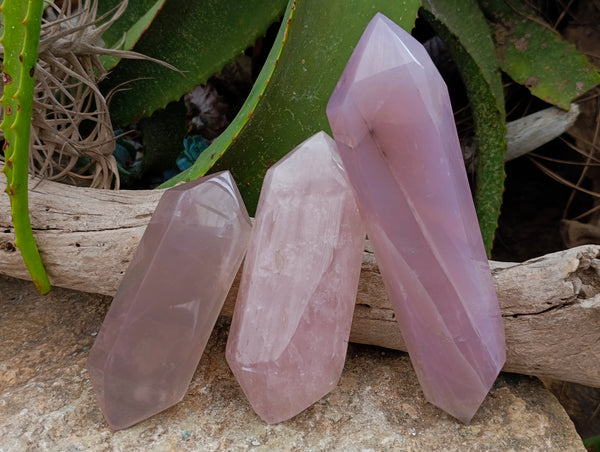 Polished Double Terminated Rose Quartz Points x 3 From Ambatondrazaka, Madagascar