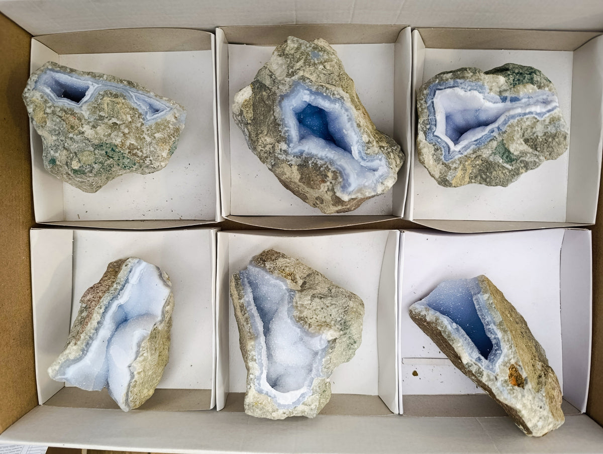 Natural Blue Lace Agate Geode Specimens x 6 From Nsanje, Malawi - Toprock Gemstones and Minerals 