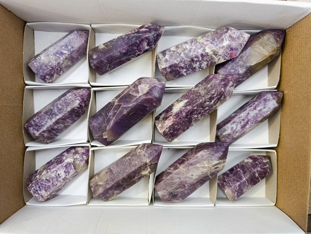 Polished Lepidolite with Pink Rubellite Points x 12 From Ambatondrazaka, Madagascar - Toprock Gemstones and Minerals 