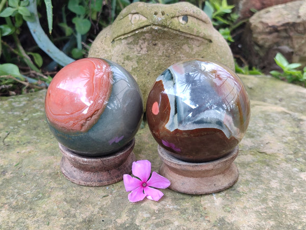 Polished Polychrome Jasper Spheres x 2 From Northwest Coast, Madagascar