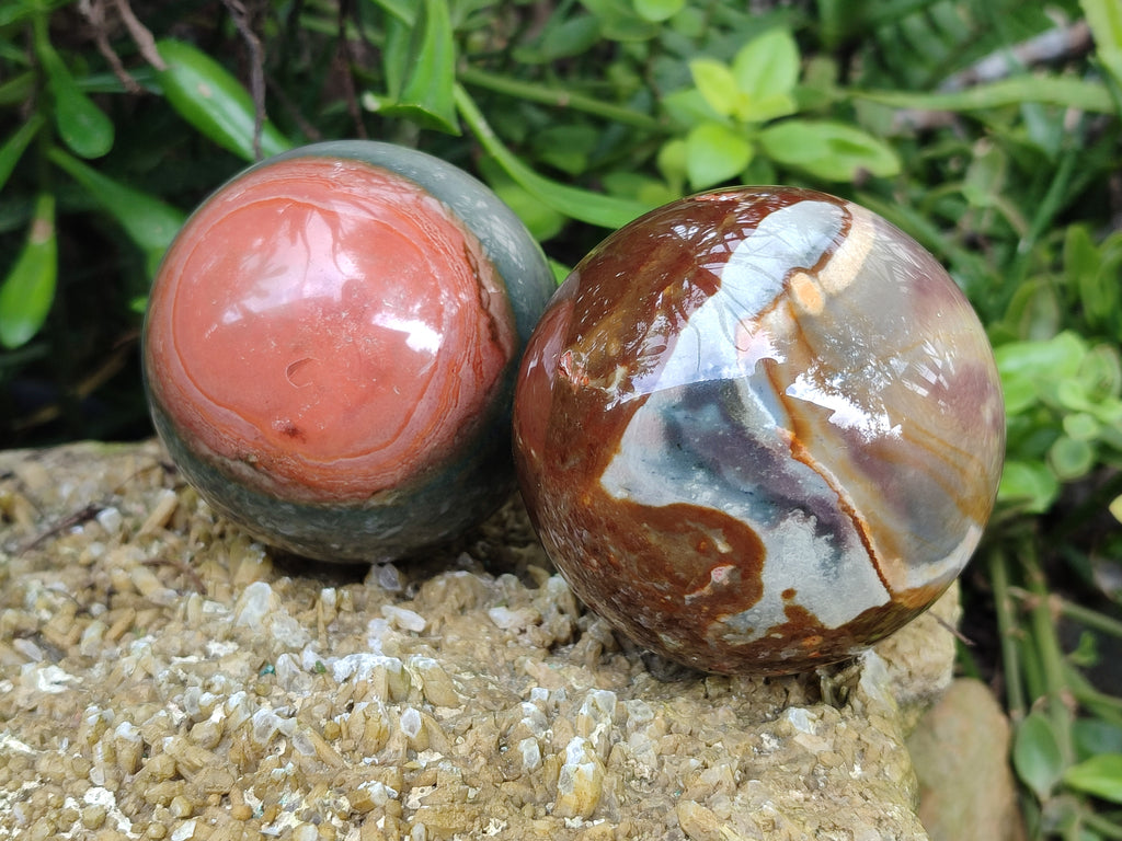 Polished Polychrome Jasper Spheres x 2 From Northwest Coast, Madagascar - Toprock Gemstones and Minerals 