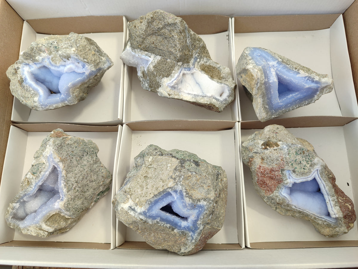 Natural Blue Lace Agate Geode Specimens x 6 From Nsanje, Malawi - Toprock Gemstones and Minerals 