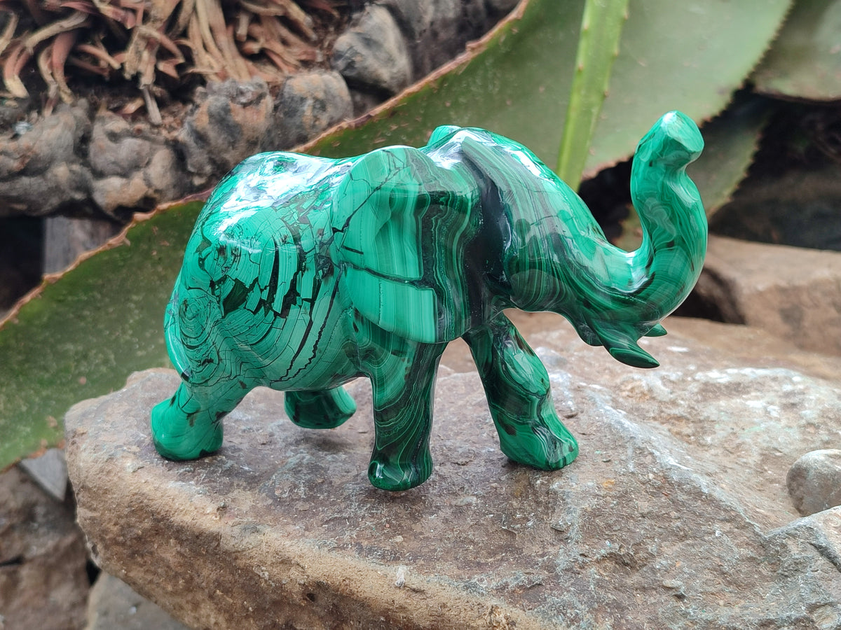 Hand Made Flower Banded Malachite Elephant Carving x 2 From Congo - Toprock Gemstones and Minerals 