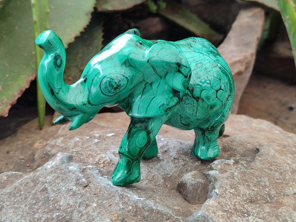 Hand Made Flower Banded Malachite Elephant Carving x 2 From Congo - Toprock Gemstones and Minerals 