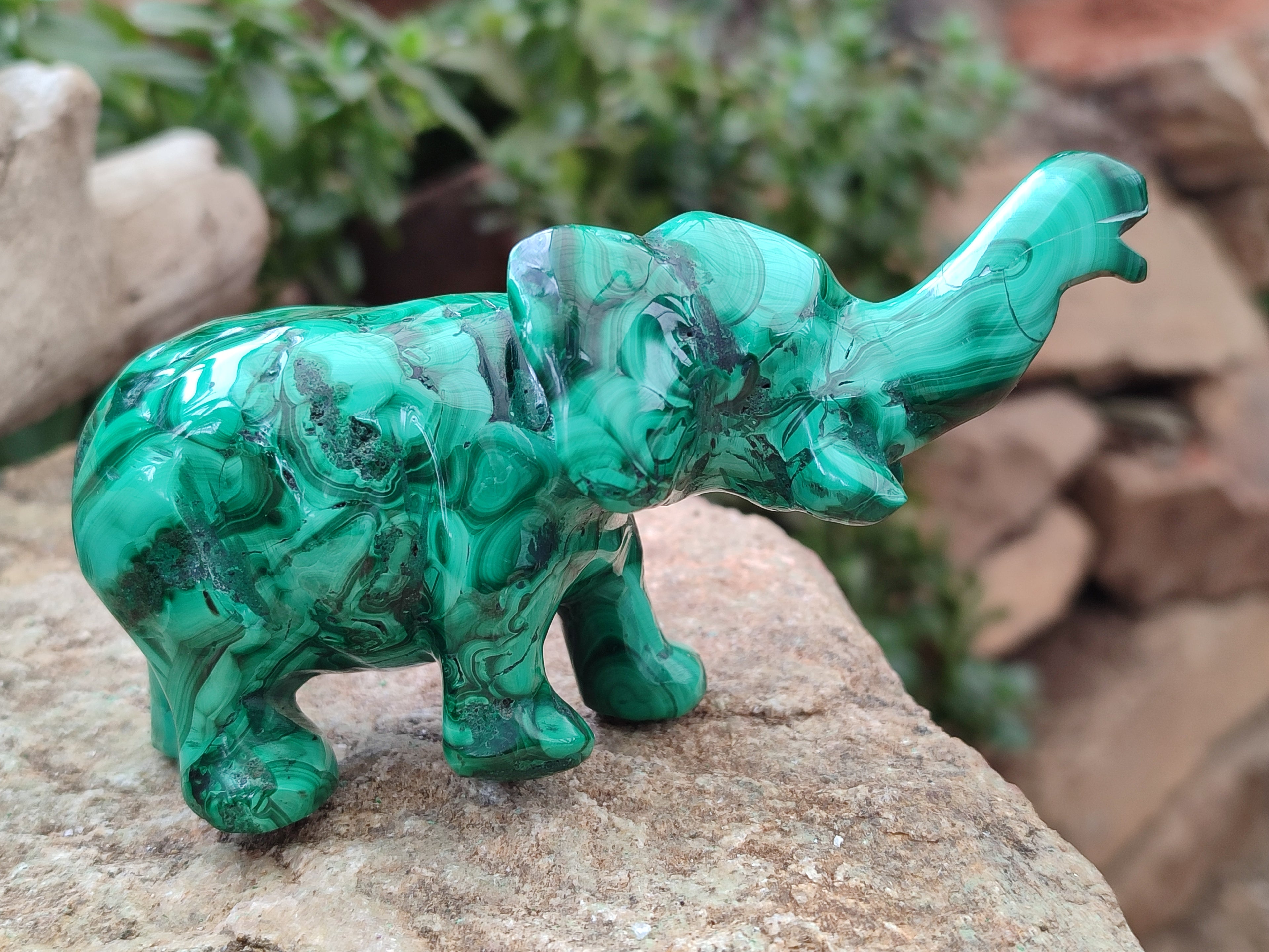 Hand Made Flower Banded Malachite Elephant Carving x 2 From Congo - Toprock Gemstones and Minerals 