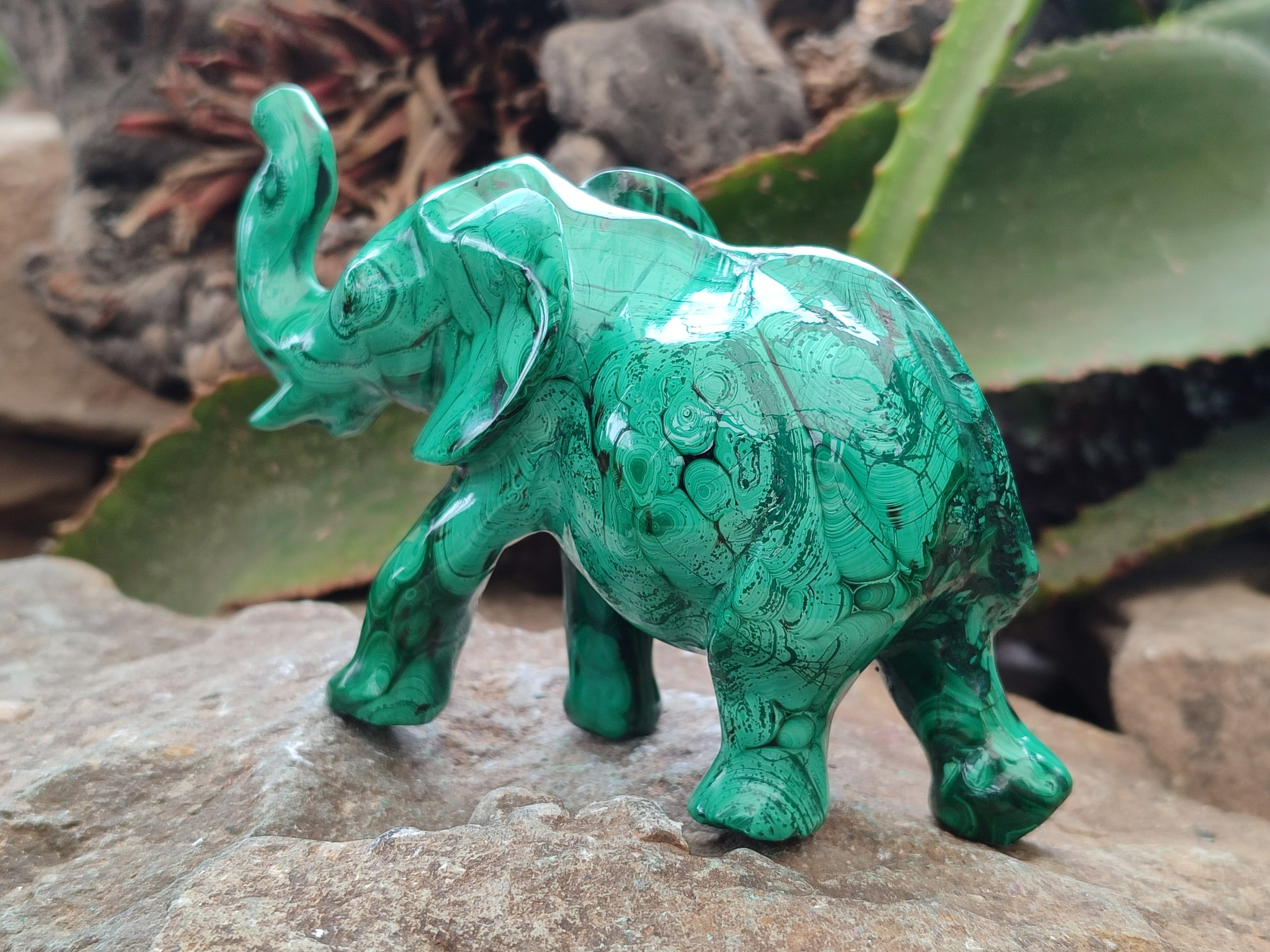 Hand Made Flower Banded Malachite Elephant Carving x 2 From Congo - Toprock Gemstones and Minerals 
