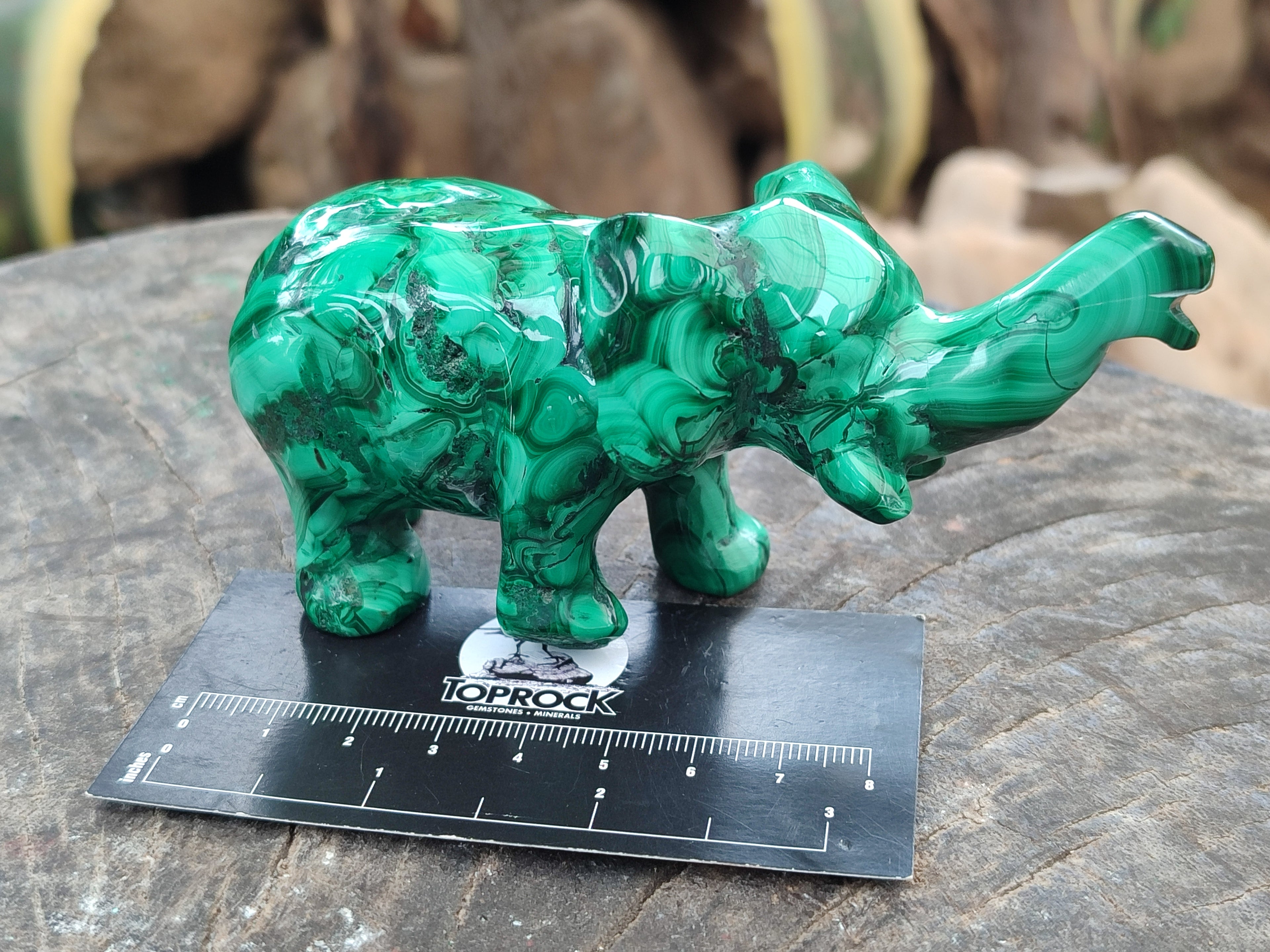 Hand Made Flower Banded Malachite Elephant Carving x 2 From Congo - Toprock Gemstones and Minerals 