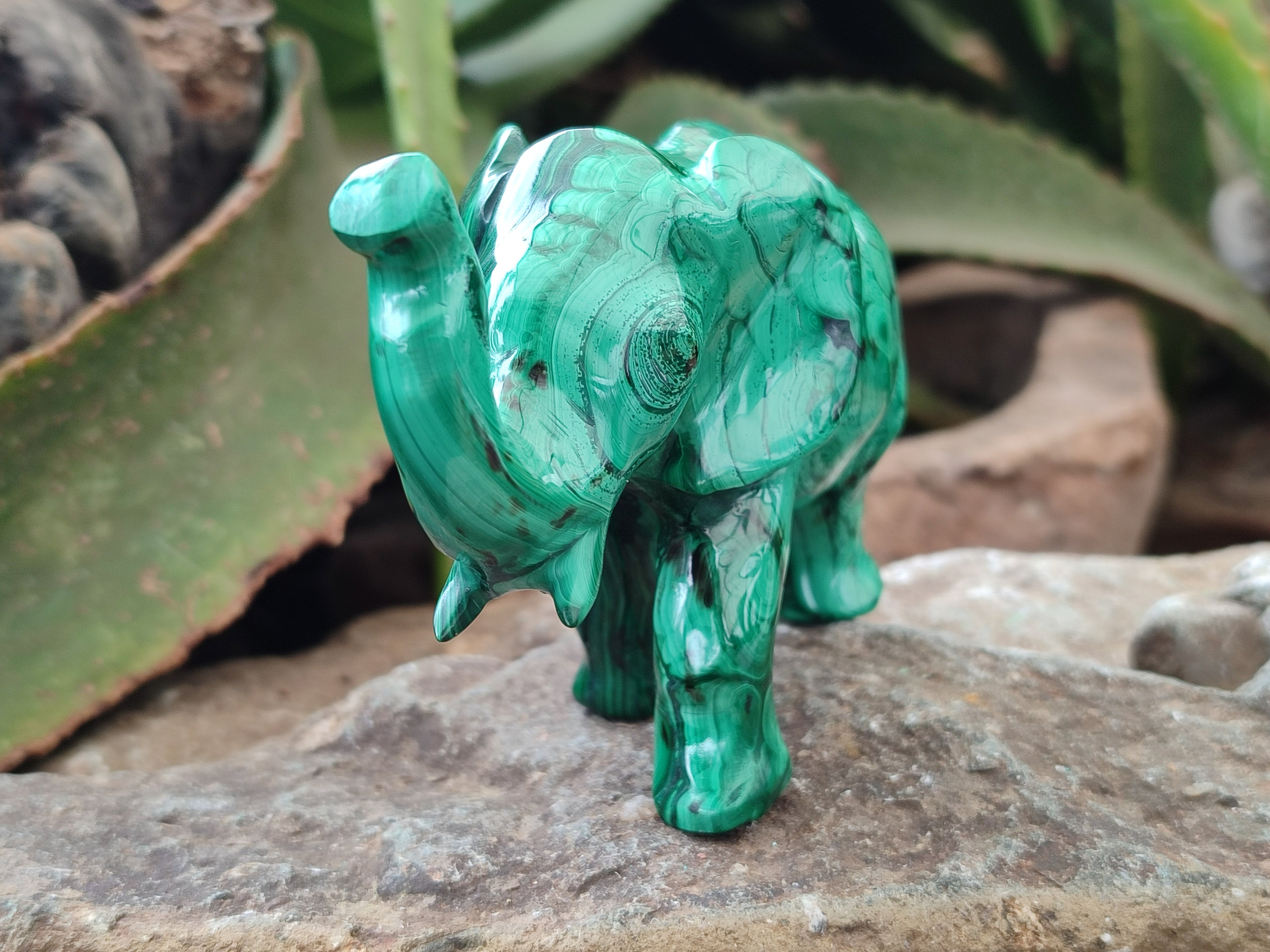 Hand Made Flower Banded Malachite Elephant Carving x 2 From Congo - Toprock Gemstones and Minerals 