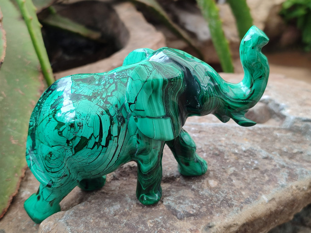 Hand Made Flower Banded Malachite Elephant Carving x 2 From Congo - Toprock Gemstones and Minerals 