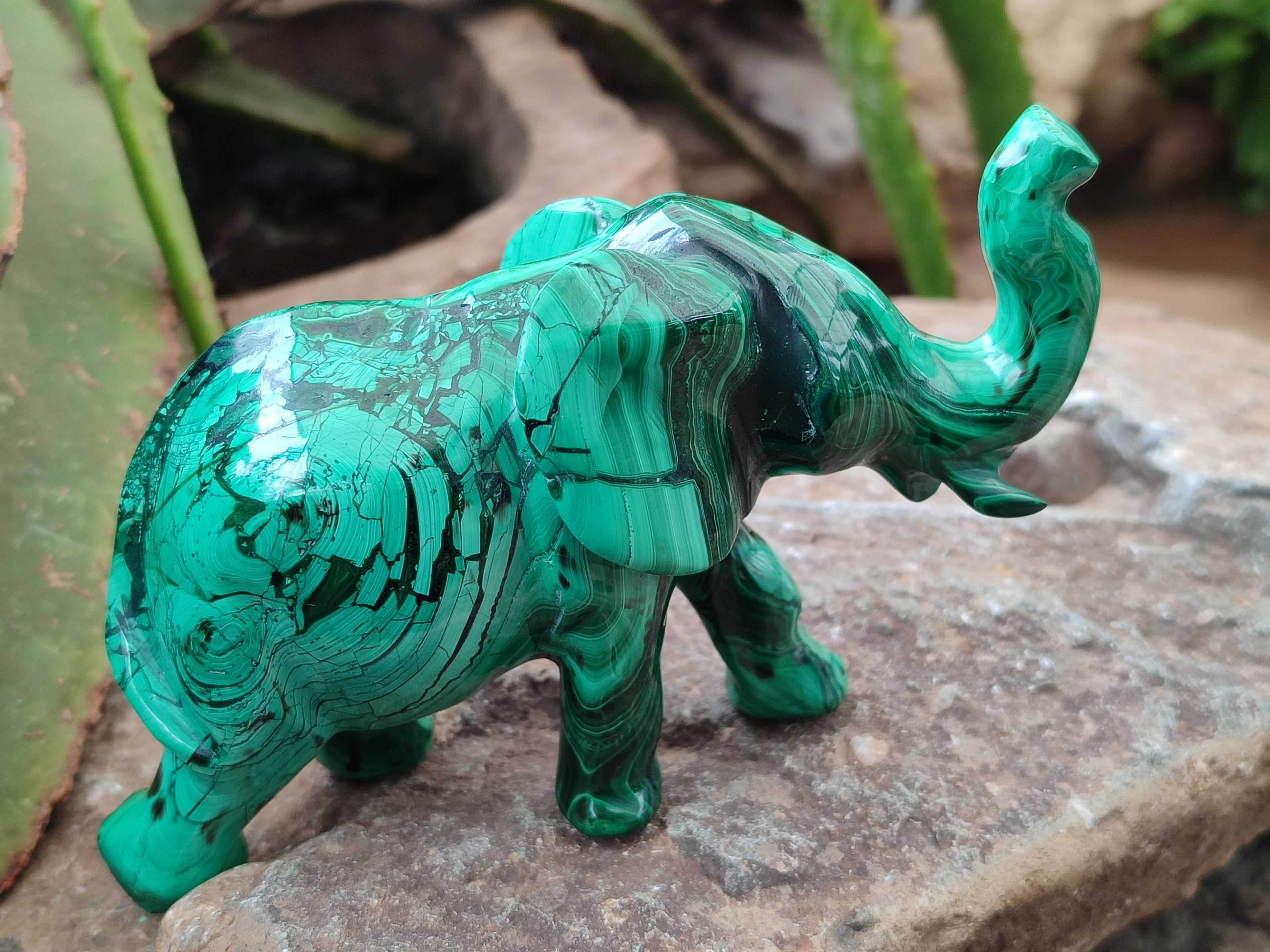 Hand Made Flower Banded Malachite Elephant Carving x 2 From Congo - Toprock Gemstones and Minerals 