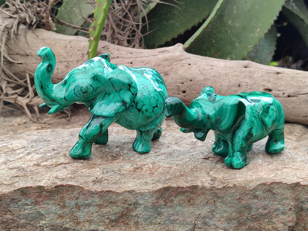 Hand Made Flower Banded Malachite Elephant Carving x 2 From Congo