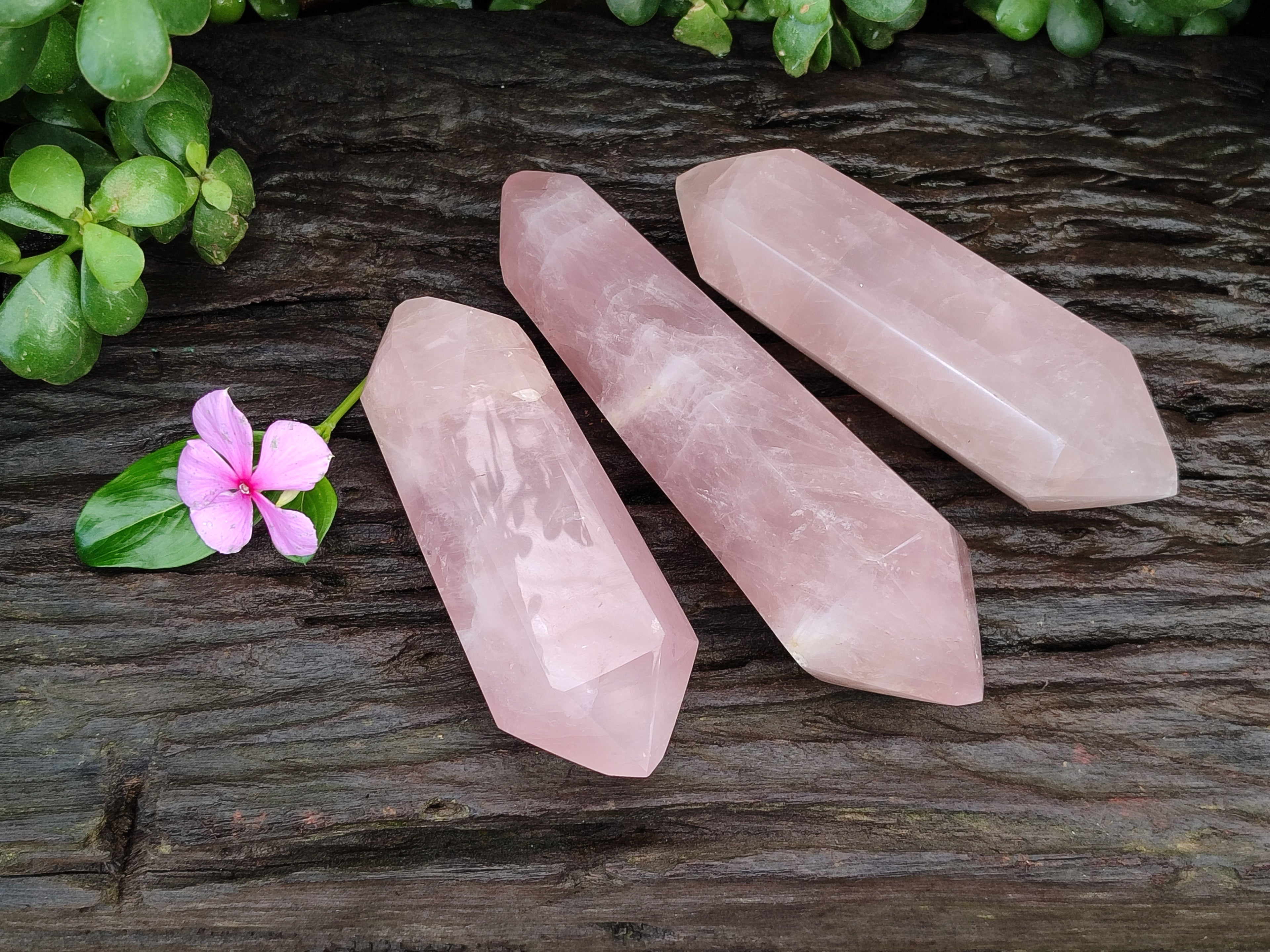 Polished Double Terminated Rose Quartz Points x 3 From Ambatondrazaka, Madagascar - Toprock Gemstones and Minerals 