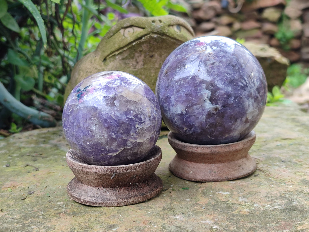 Polished Lepidolite with Pink Rubellite Spheres x 4 From Ambatondrazaka, Madagascar - Toprock Gemstones and Minerals 