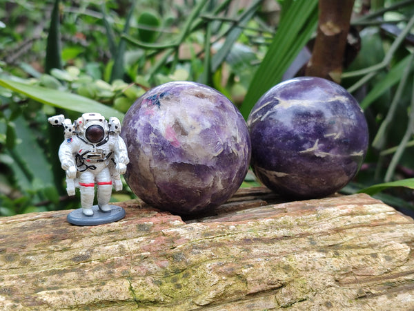 Polished Lepidolite with Pink Rubellite Spheres x 4 From Ambatondrazaka, Madagascar