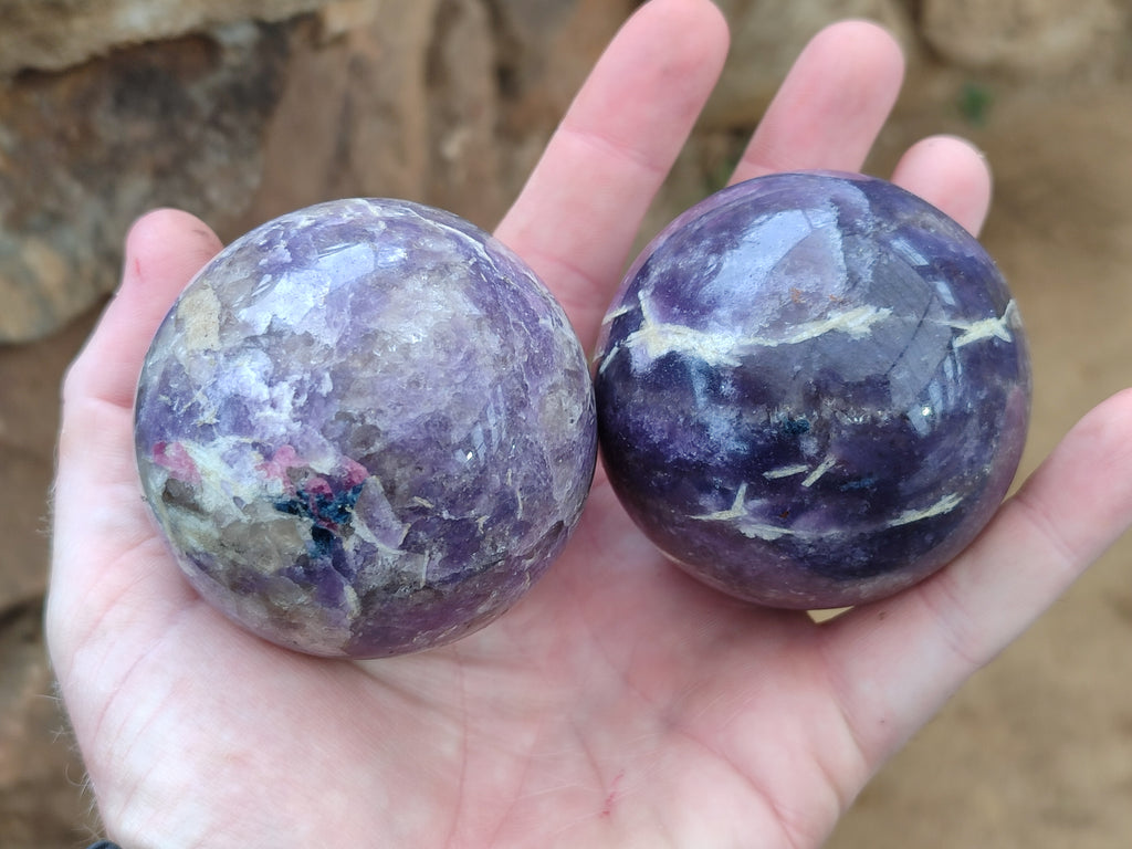 Polished Lepidolite with Pink Rubellite Spheres x 4 From Ambatondrazaka, Madagascar - Toprock Gemstones and Minerals 