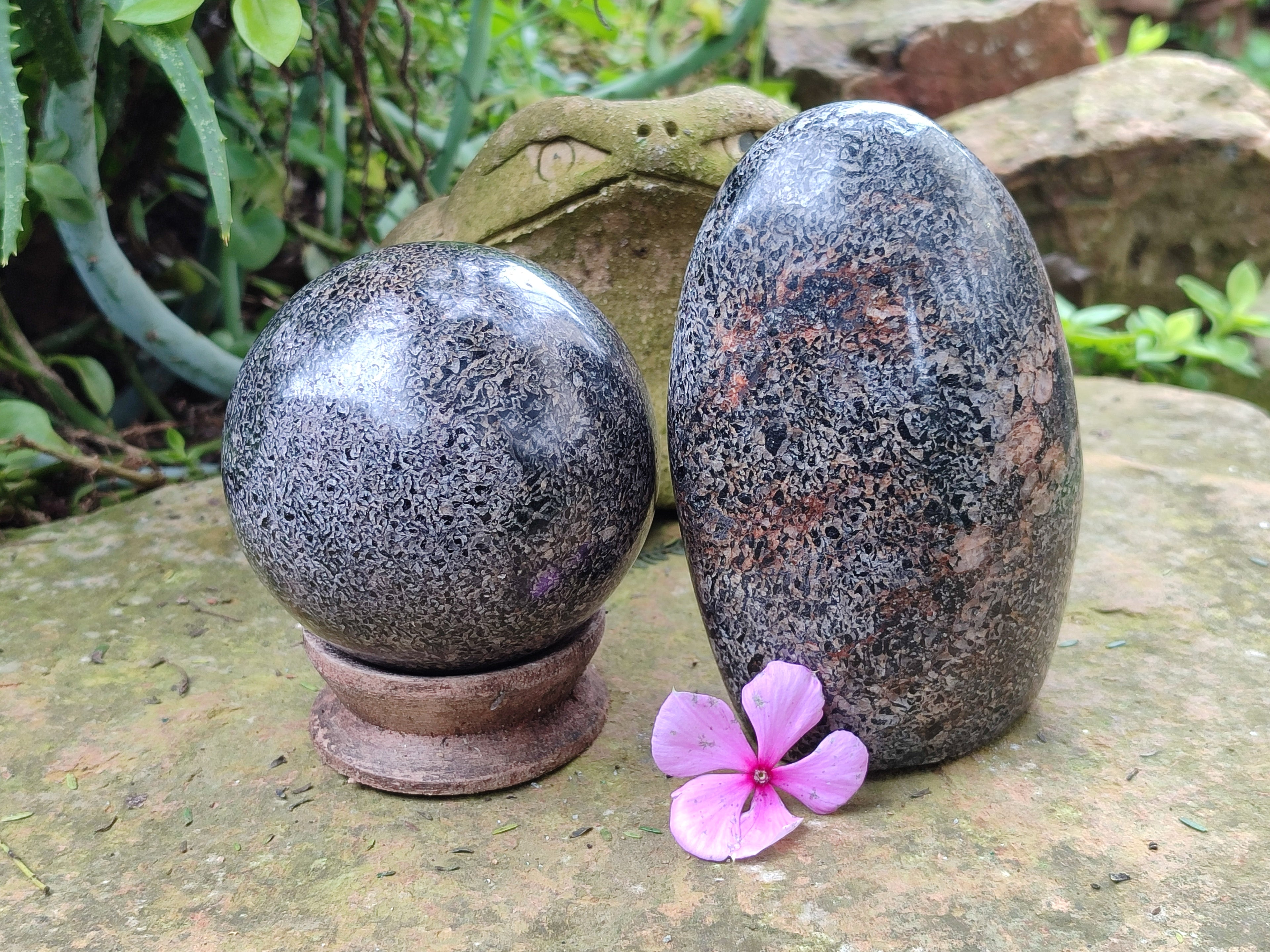 Polished Black Tourmaline Standing Free Forms and Sphere x 2 From Madagascar - Toprock Gemstones and Minerals 