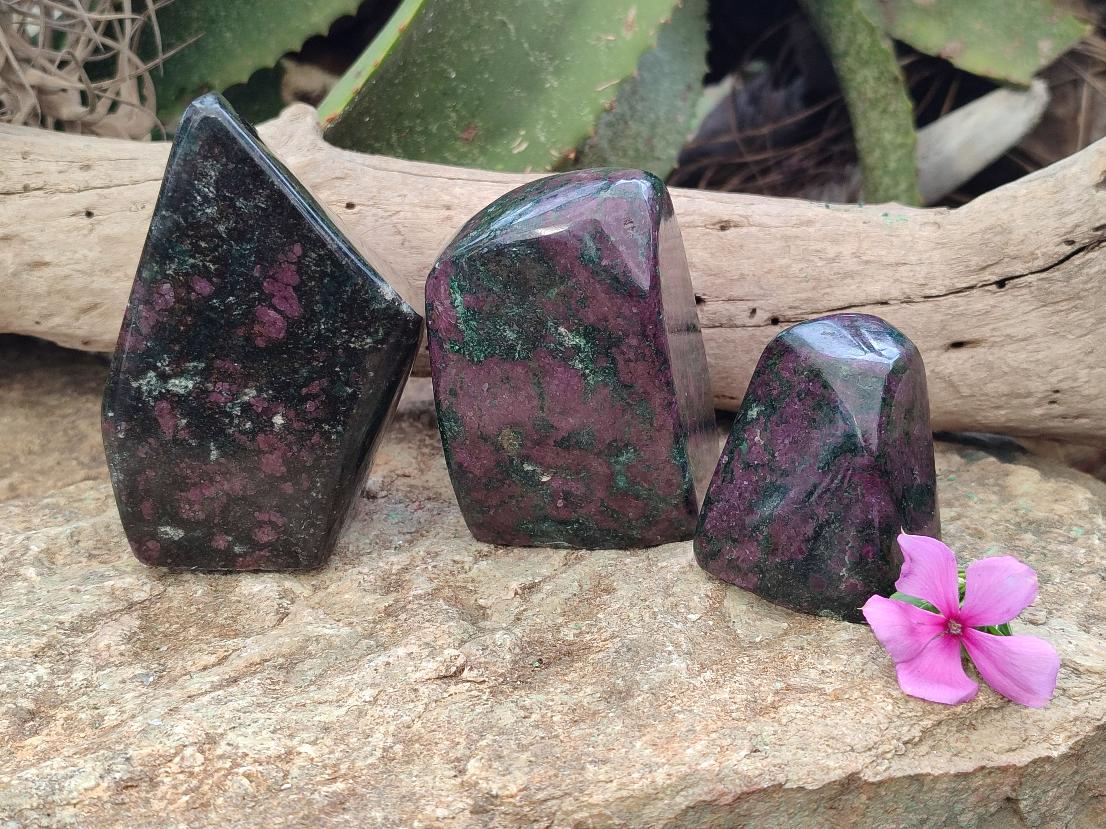 Polished Ruby Corundum In Chrome Verdite Standing Free Forms x 3 From Zimbabwe - Toprock Gemstones and Minerals 
