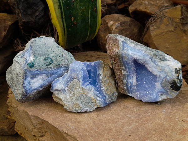 Natural Blue Lace Agate Geode Specimens x 3 From Nsanje, Malawi