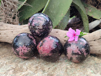 Polished Pink Rhodonite Spheres x 4 From Ambindavato, Madagascar