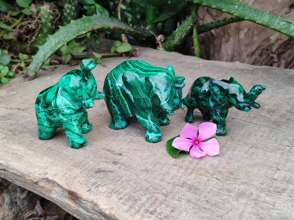 Hand Made Flower Banded Malachite Elephant Carvings x 3 From Congo
