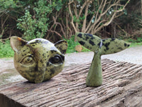 Polished Leopard Stone Cat Face and Whale Tail Carvings x 3 From Zimbabwe