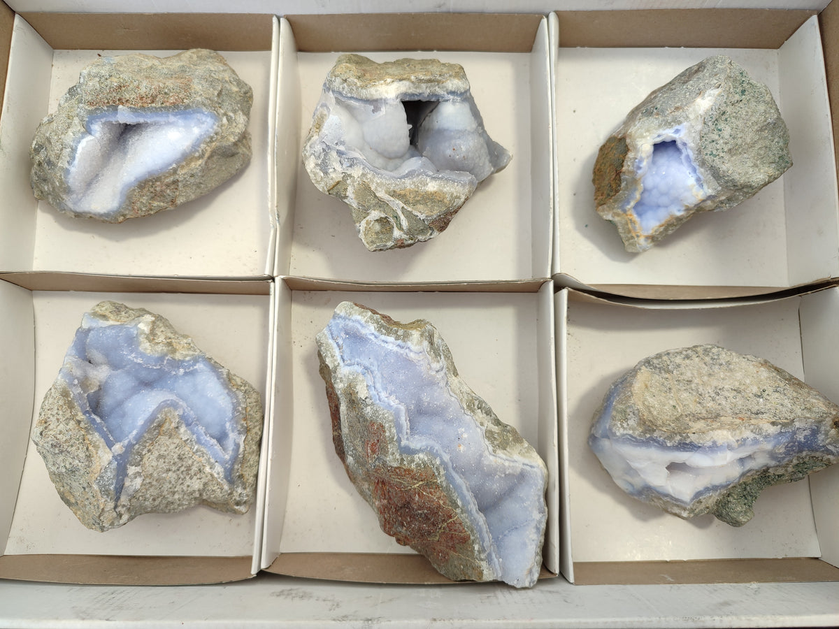 Natural Blue Lace Agate Geode Specimens x 6 From Nsanje, Malawi - Toprock Gemstones and Minerals 