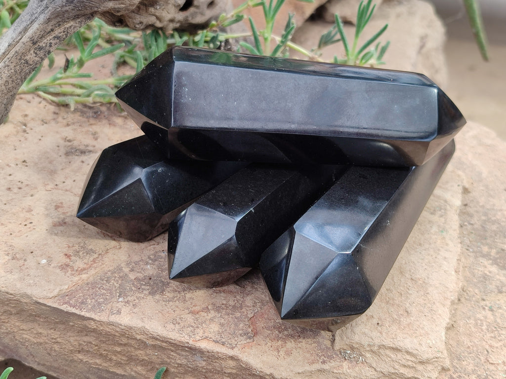 Polished Black Basalt Double Terminated Points x 4 From Antsirabe, Madagascar - Toprock Gemstones and Minerals 