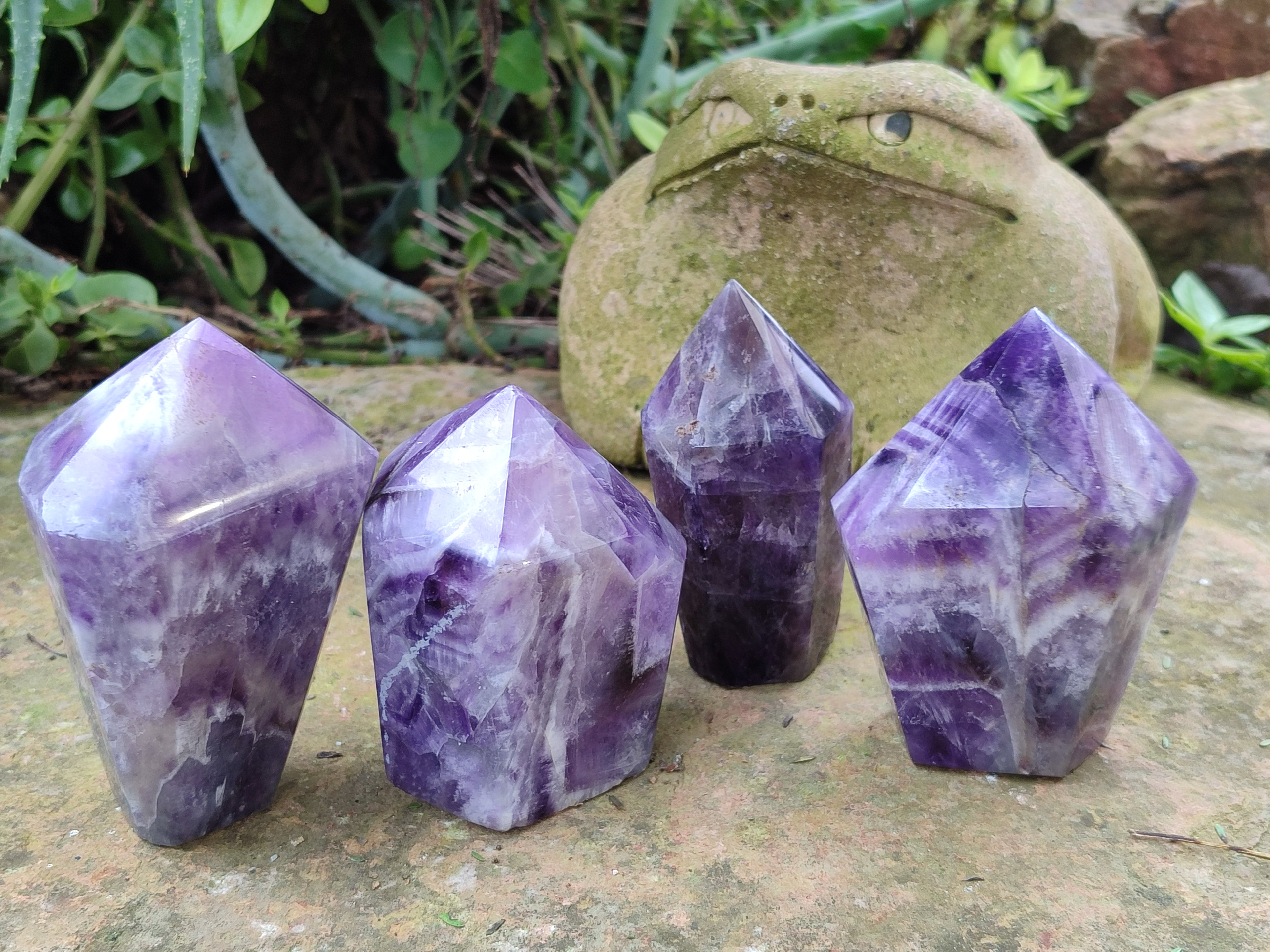 Polished Chevron Amethyst Points x 4 From Zambia - Toprock Gemstones and Minerals 