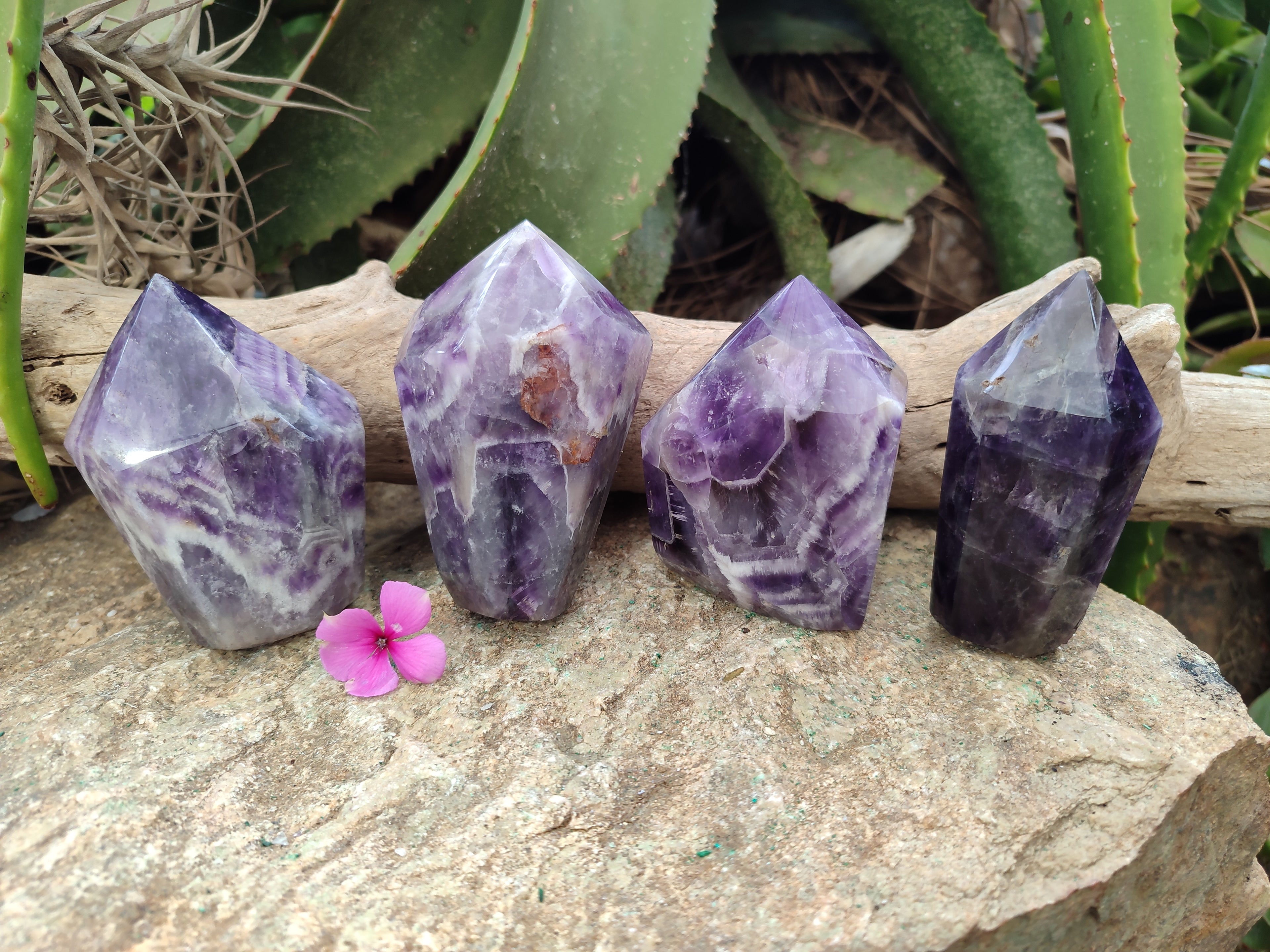 Polished Chevron Amethyst Points x 4 From Zambia - Toprock Gemstones and Minerals 