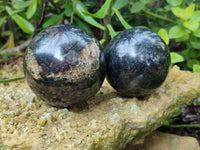 Polished Rare Blue Spark Iolite Spheres with Pink Feldspar Spots x 3 From Madagascar