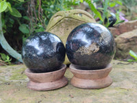 Polished Rare Blue Spark Iolite Spheres with Pink Feldspar Spots x 3 From Madagascar