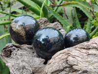 Polished Rare Blue Spark Iolite Spheres with Pink Feldspar Spots x 3 From Madagascar