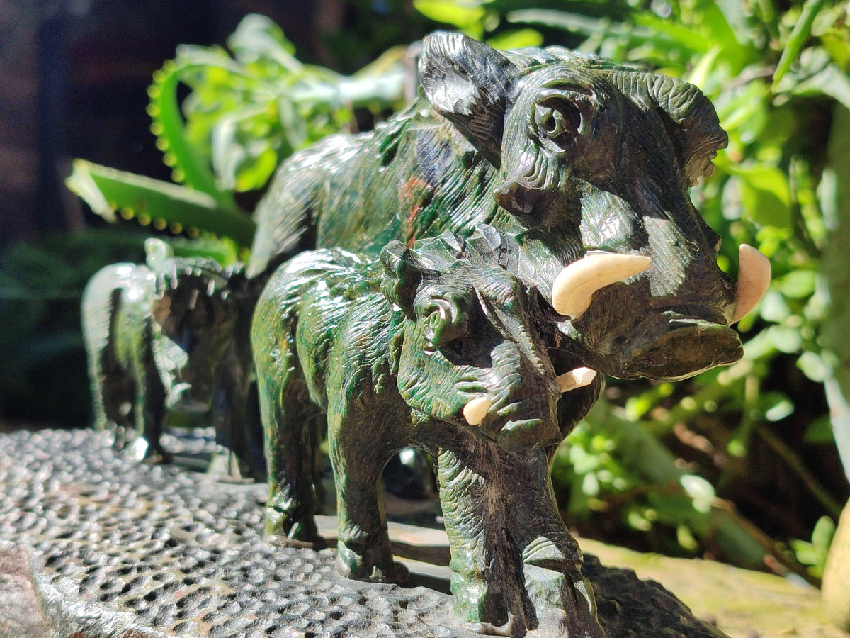 Hand Made Green Verdite Warthog Family Sculpture x 1 From Zimbabwe - Toprock Gemstones and Minerals 