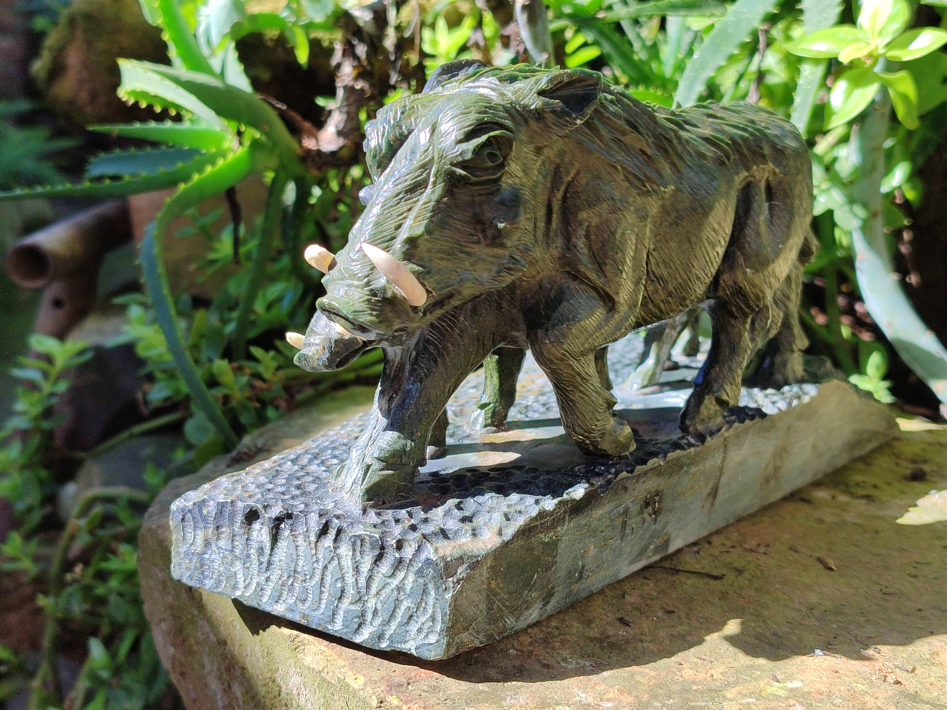 Hand Made Green Verdite Warthog Family Sculpture x 1 From Zimbabwe - Toprock Gemstones and Minerals 