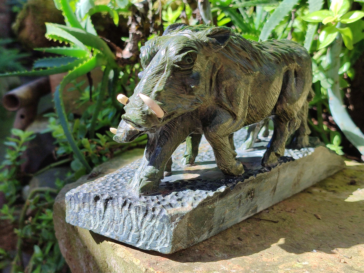Hand Made Green Verdite Warthog Family Sculpture x 1 From Zimbabwe - Toprock Gemstones and Minerals 