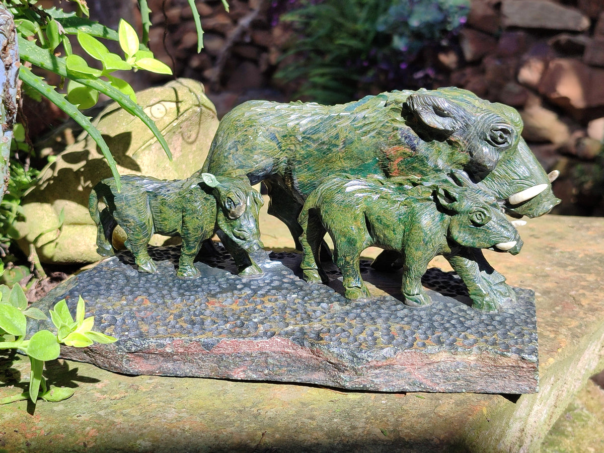 Hand Made Green Verdite Warthog Family Sculpture x 1 From Zimbabwe - Toprock Gemstones and Minerals 