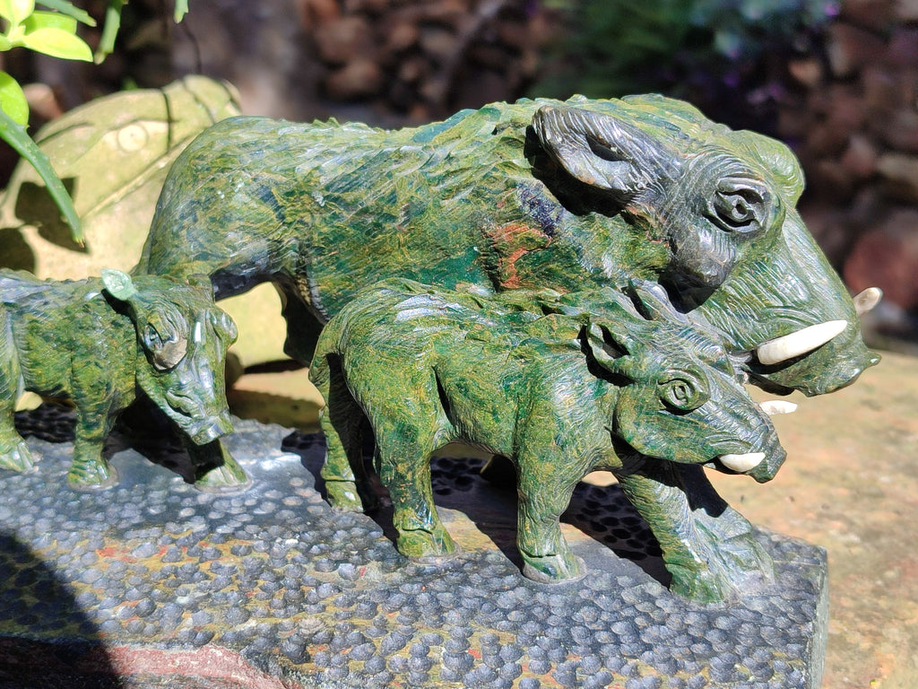 Hand Made Green Verdite Warthog Family Sculpture x 1 From Zimbabwe - Toprock Gemstones and Minerals 