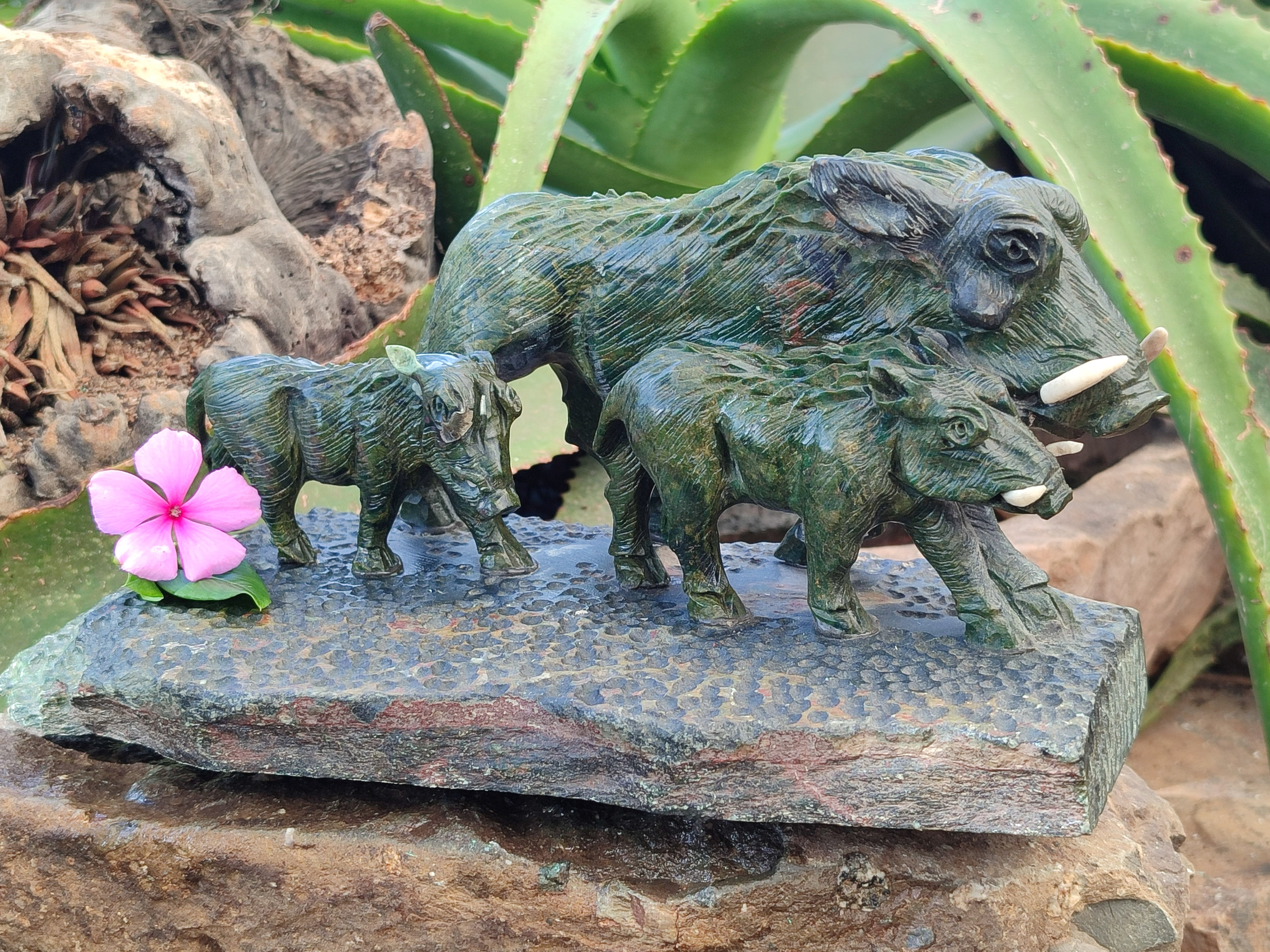 Hand Made Green Verdite Warthog Family Sculpture x 1 From Zimbabwe - Toprock Gemstones and Minerals 