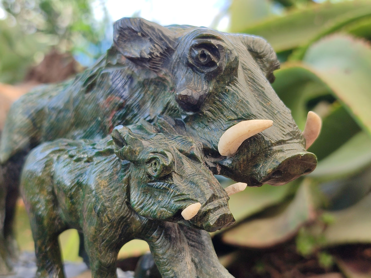 Hand Made Green Verdite Warthog Family Sculpture x 1 From Zimbabwe - Toprock Gemstones and Minerals 