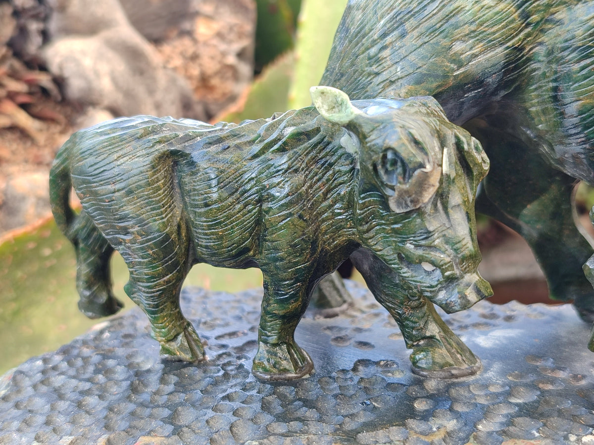Hand Made Green Verdite Warthog Family Sculpture x 1 From Zimbabwe - Toprock Gemstones and Minerals 