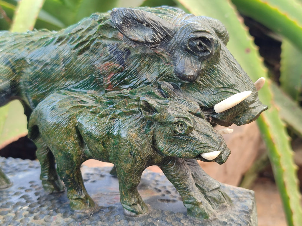 Hand Made Green Verdite Warthog Family Sculpture x 1 From Zimbabwe - Toprock Gemstones and Minerals 