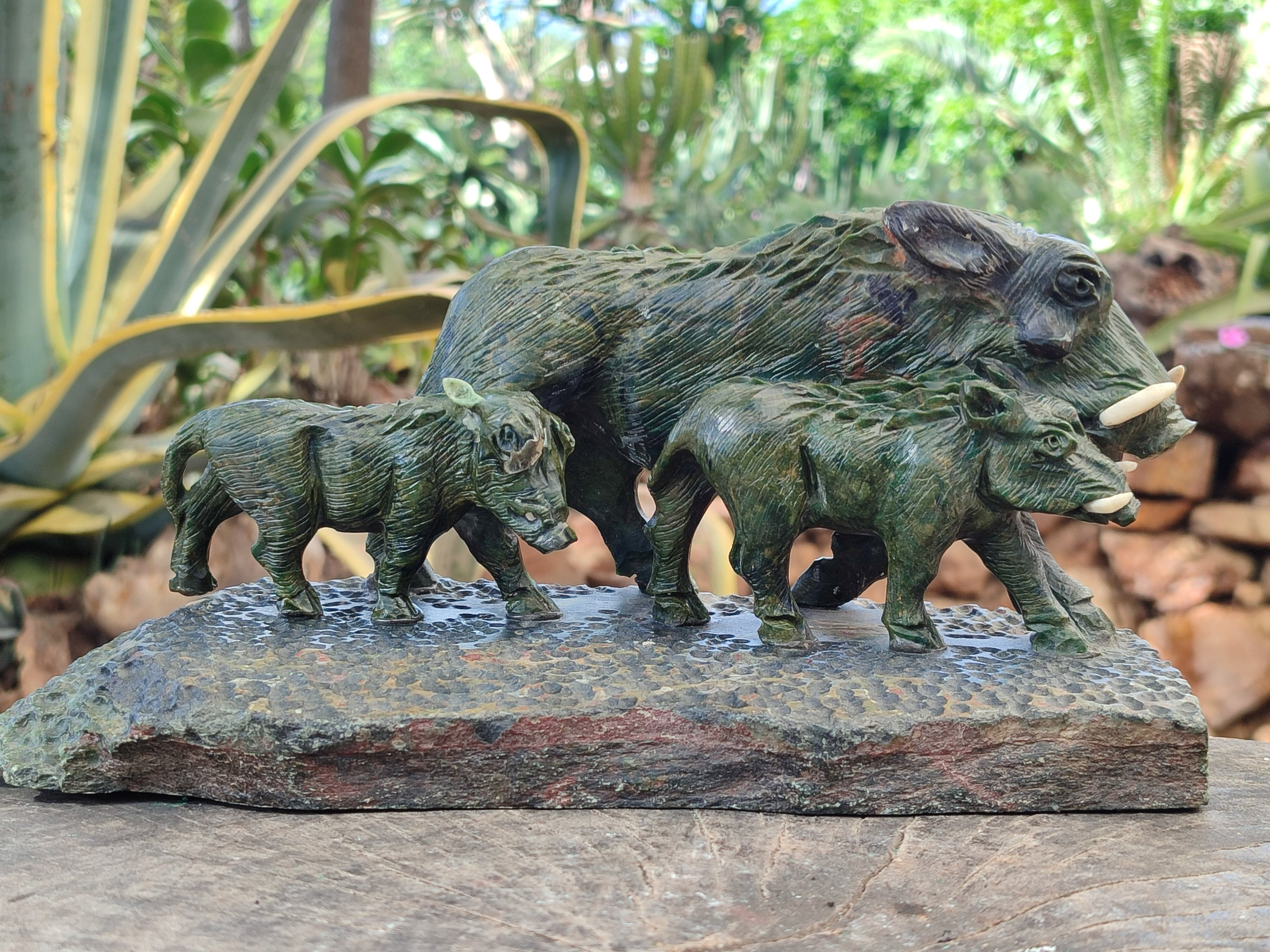Hand Made Green Verdite Warthog Family Sculpture x 1 From Zimbabwe - Toprock Gemstones and Minerals 