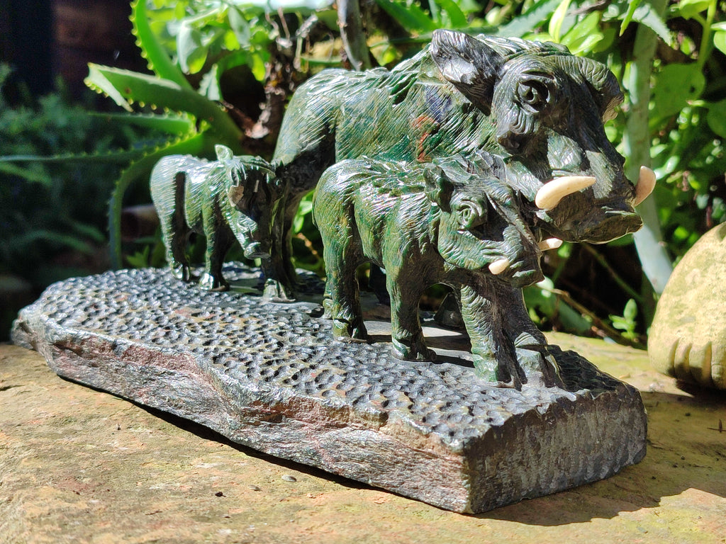 Hand Made Green Verdite Warthog Family Sculpture x 1 From Zimbabwe - Toprock Gemstones and Minerals 