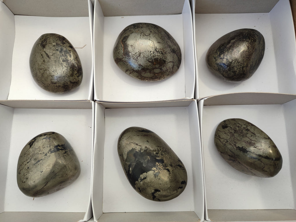 Polished Rare Pharaoh Stone Pyrite in Basalt Palm Stones x 6 Iron Duke Mine, Zimbabwe - Toprock Gemstones and Minerals 