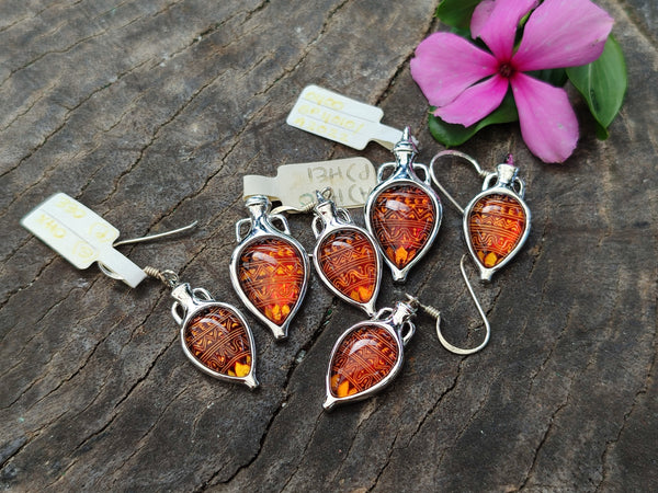 Polished Baltic Amber Earring and Pendant Sets on Sterling Silver - Sold Per Set - From Poland