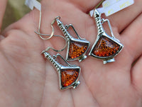 Polished Baltic Amber Earring and Pendant Sets on Sterling Silver - Sold Per Set - From Poland