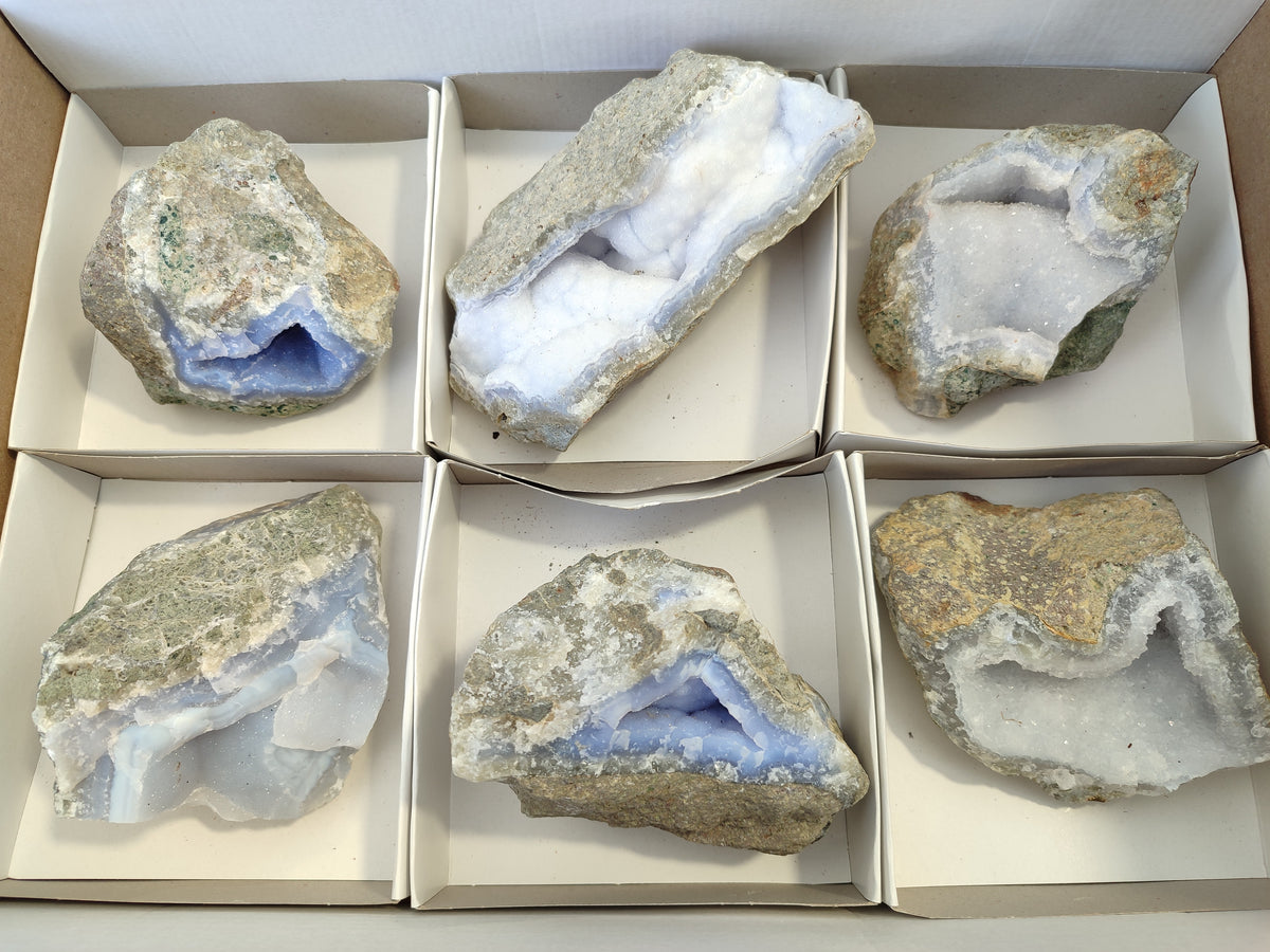 Natural Blue Lace Agate Geode Specimens x 6 From Nsanje, Malawi - Toprock Gemstones and Minerals 